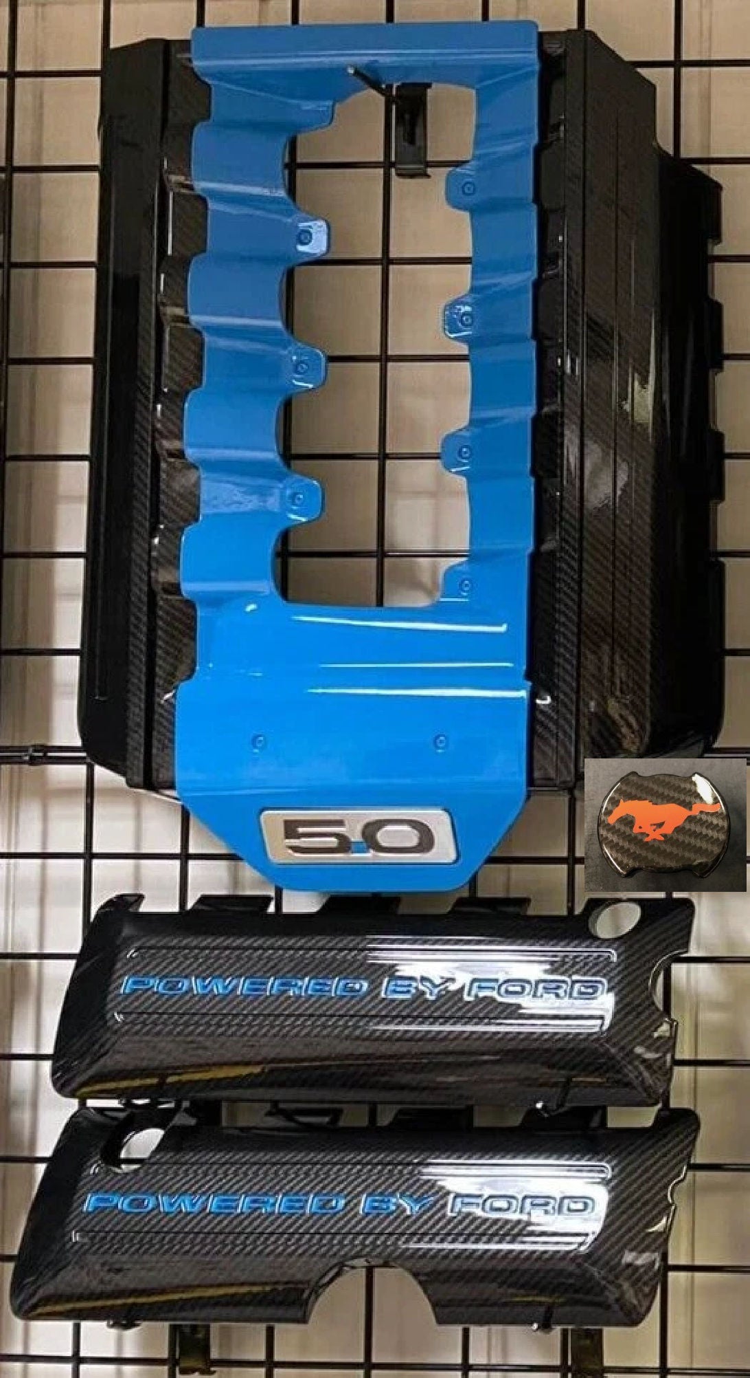 Mustang 5.0 Coil Cover Set & Engine Cover. Carbon Fiber With Painted Lettering In Kona Blue