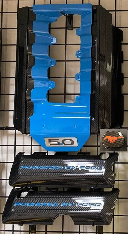 Mustang 5.0 Coil Cover Set & Engine Cover. Carbon Fiber With Painted Lettering In Kona Blue