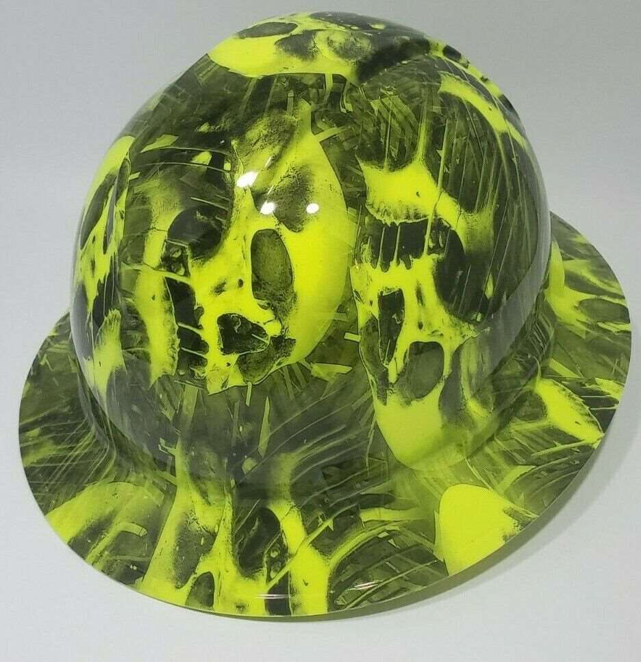 Full Brim Hard Hat Hydro Dipped HI VIS GREEN LIME MELTING SKULLS.