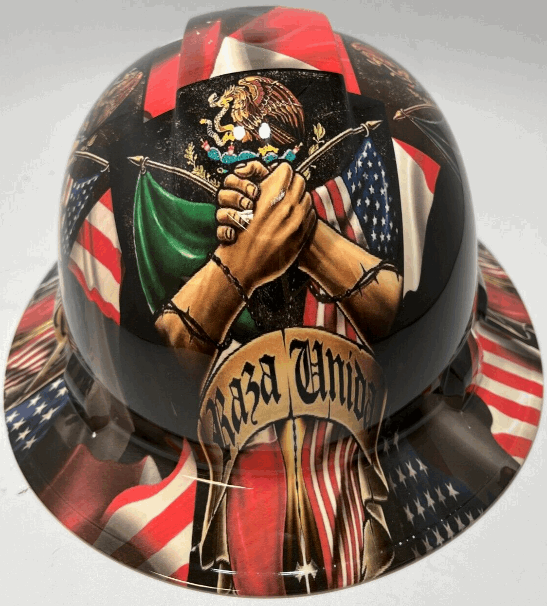 Full Brim Hard Hat Hydro Dipped MEXICAN AMERICAN UNITED RAZA UNIDA