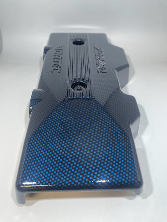 Custom Blue Green Carbon Fiber Hydro Dipped Engine Covers for Silverado, Tahoe & Cadillac