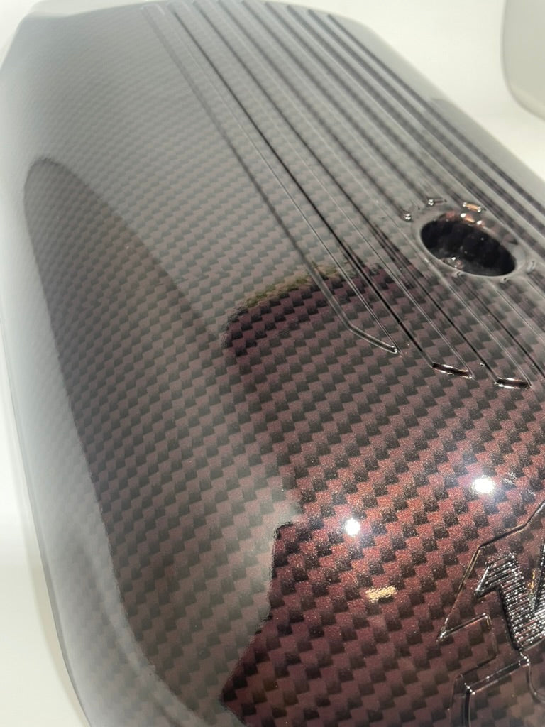 Custom Velvet Red Carbon Fiber Hydro Dipped Engine Covers for Silverado, Tahoe &amp; Cadillac