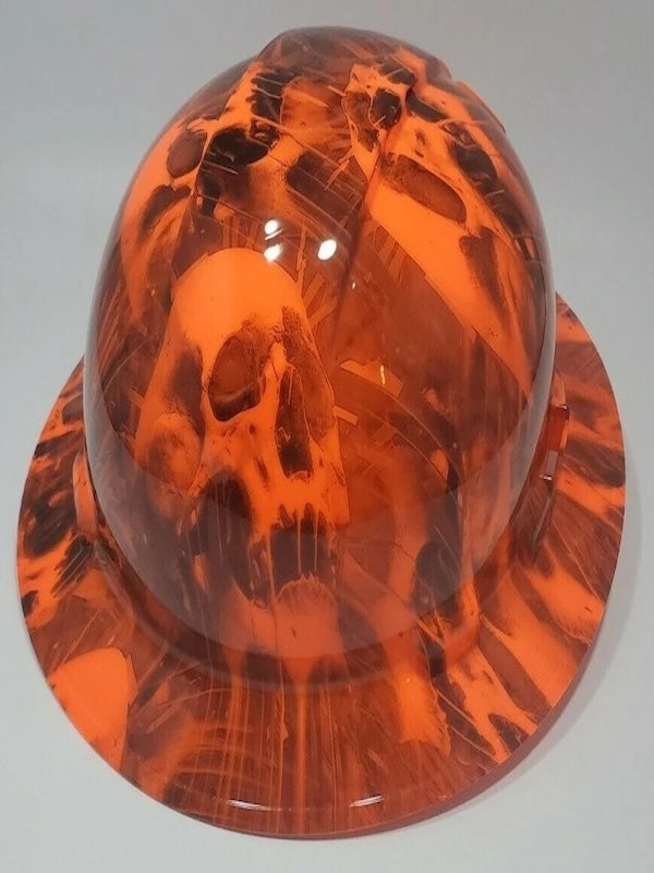 Full Brim Hard Hat Hydro Dipped CANDY ORANGE MELTING SKULLS
