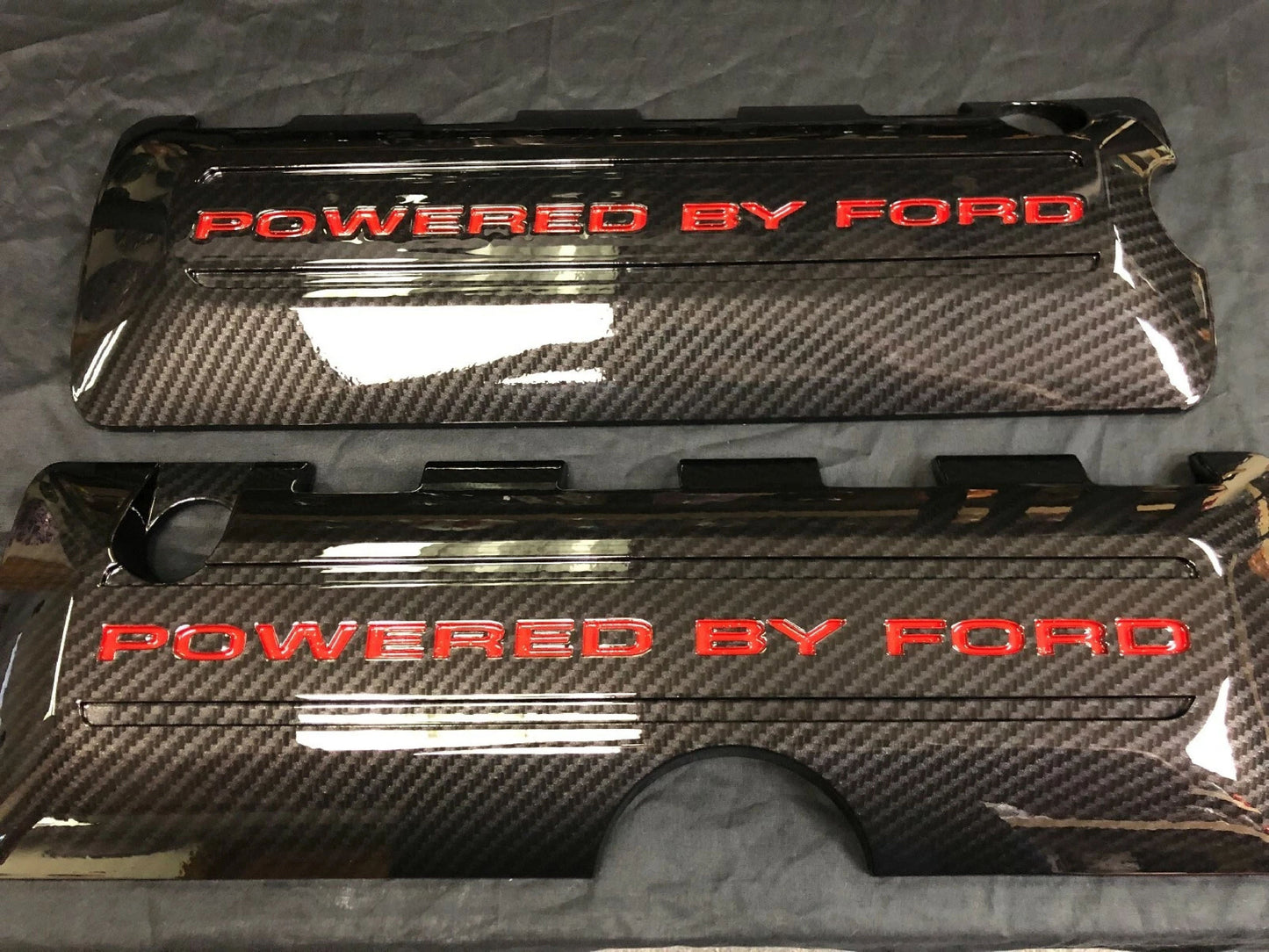 Mustang 5.0 Coil Cover Set. Carbon Fiber With Painted Lettering In Reef Blue. Code PD