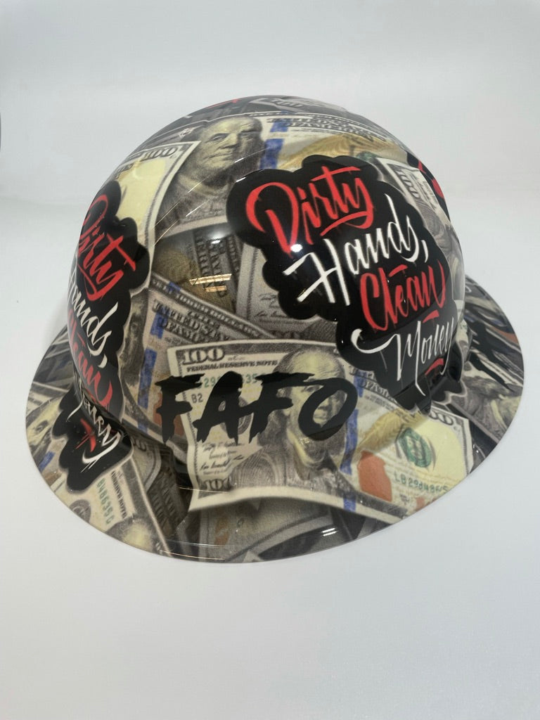 Full Brim Hard Hat Hydro Dipped FAFO DIRTY HANDS CLEAN MONEY