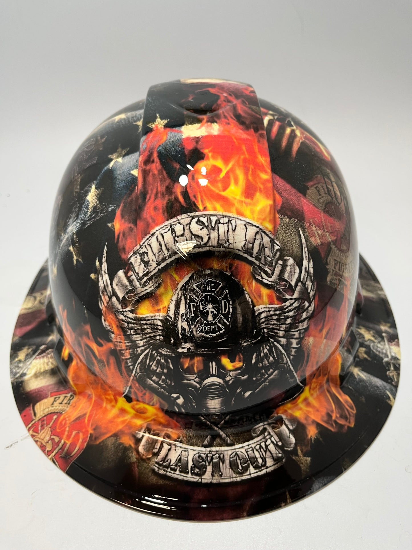 Full Brim Hard Hat Hydro Dipped FIRST IN LAST OUT FIREFIGHTER